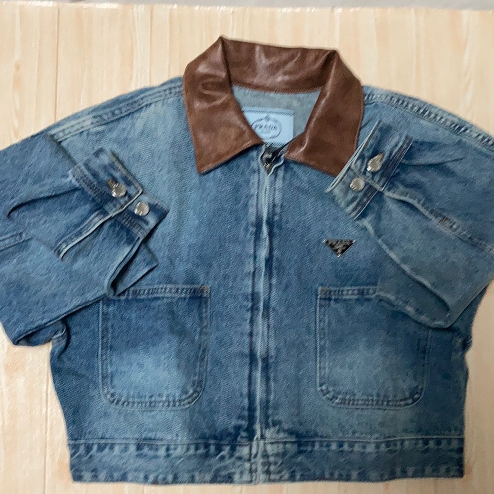 Women’s Prada Denim Jackets with patchwork leather Blue and Brown size Large